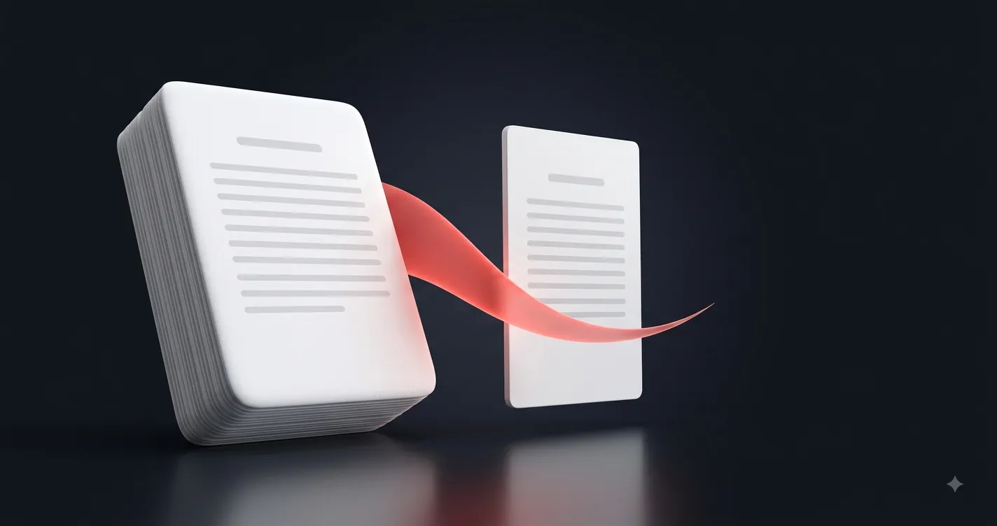 A thick block of stacked white document pages on the left, linked by a curving red ribbon to a single slim page of the same document on the right, on a dark reflective surface
