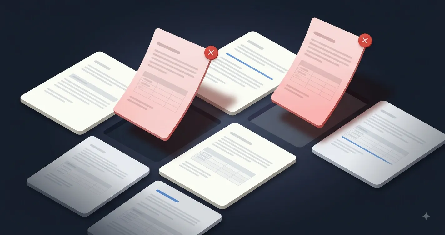 A grid of white document pages on a dark background, with two pages tinted red and marked with a circular white cross to show they are being deleted from the PDF